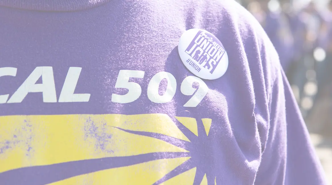 A person wearing a purple shirt that says “LOCAL 509” with a yellow design and a round pin reading “America Needs Union Jobs #UNION.”.