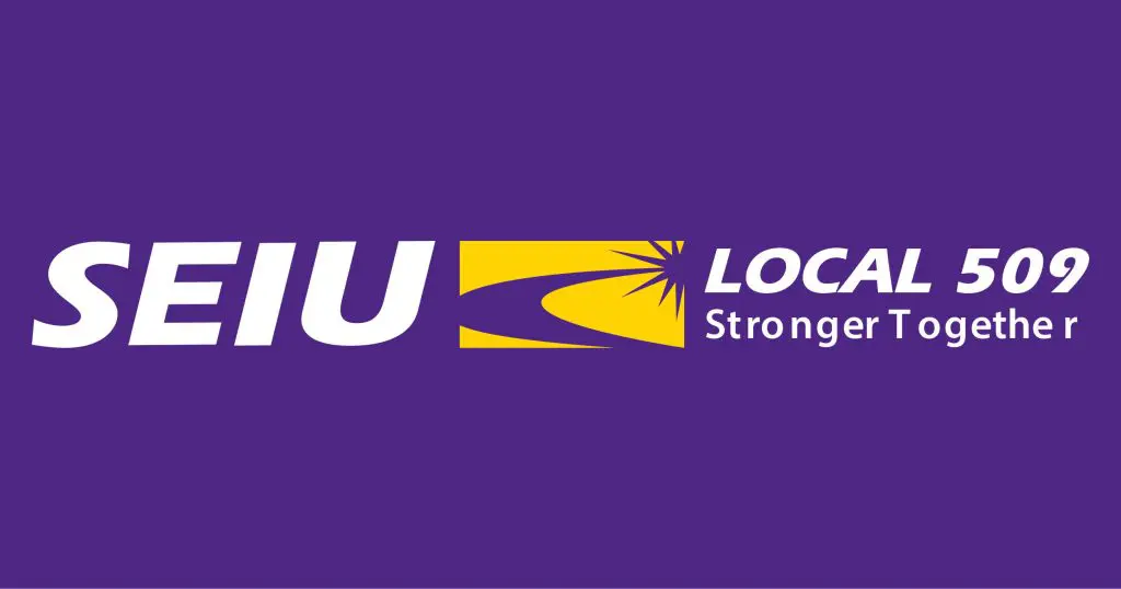 White and yellow horizontal Local 509 logo on purple background