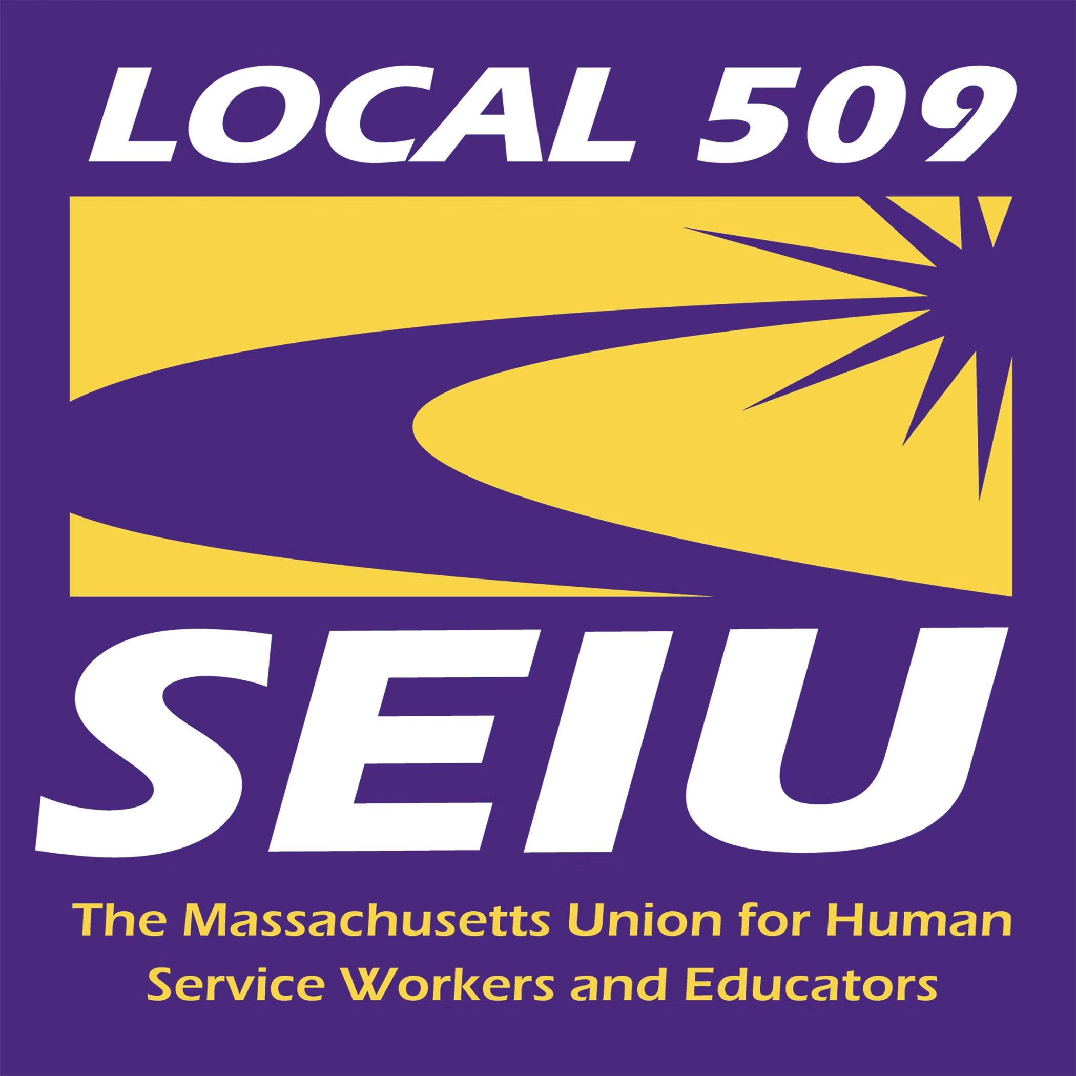 White and yellow square Local 509 logo with subtitle "The Massachusetts Union for Human Service Workers and Educators"