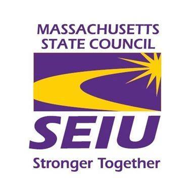 Logo for Massachusetts State Council SEIU. Features a yellow path with a starburst on a purple background, with the words "Stronger Together" below in purple text.