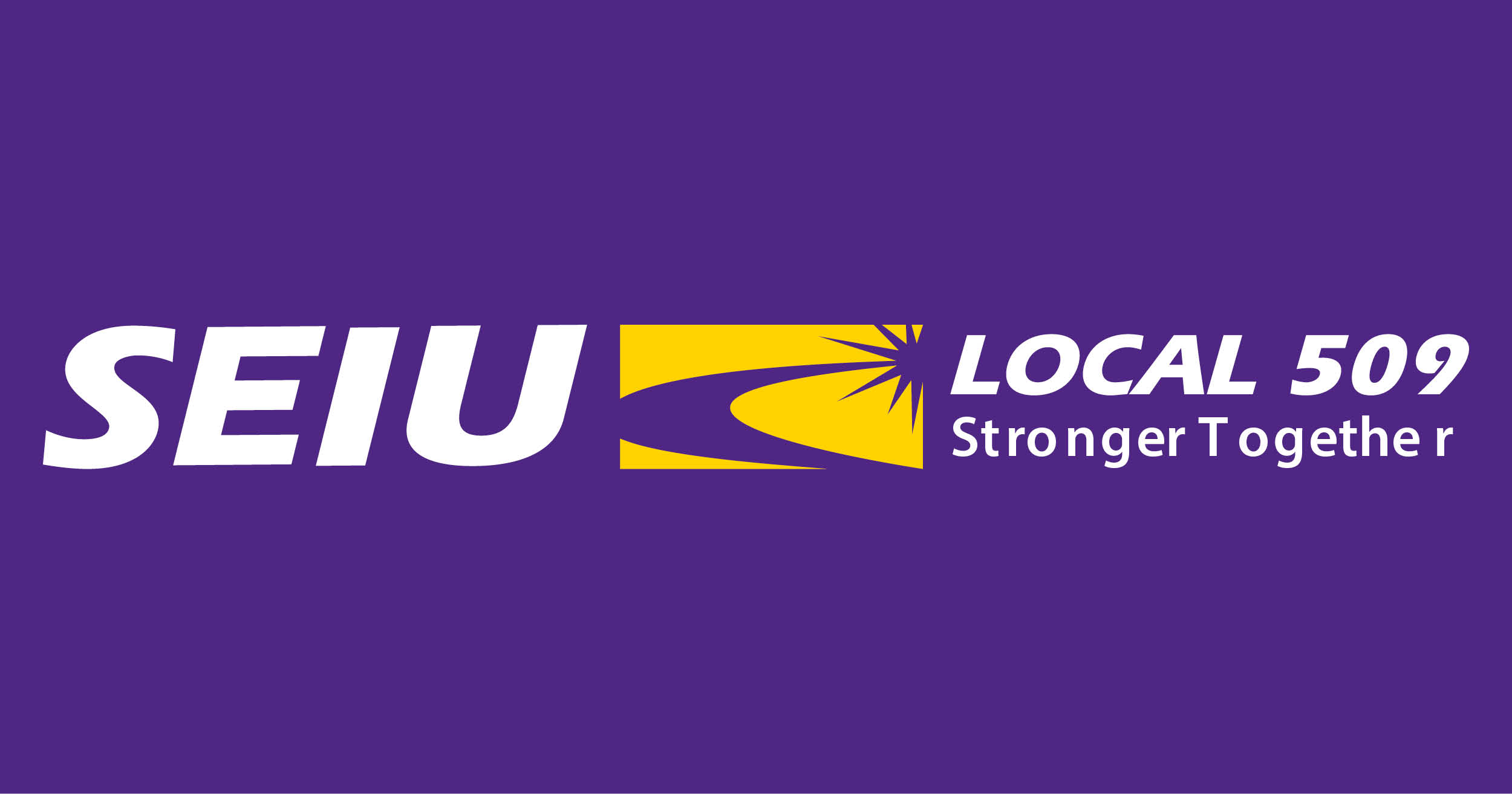White and yellow horizontal Local 509 logo on purple background