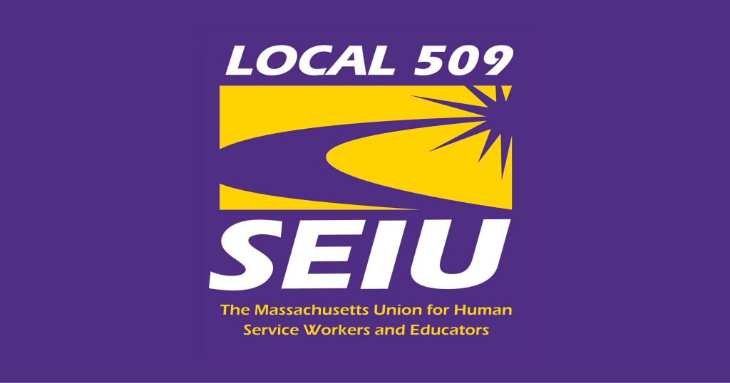 White and yellow square Local 509 logo with subtitle "The Massachusetts Union for Human Service Workers and Educators" centered on purple rectangle.
